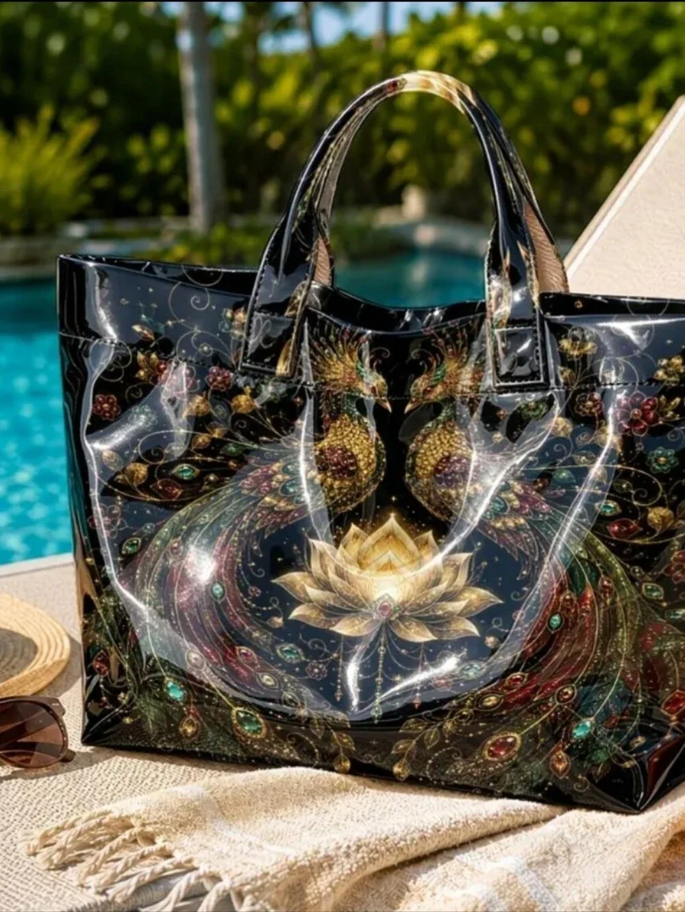 Beauiful Peacock Goolden Lotus Glossy Large PVC Daily Commute Tote Bag